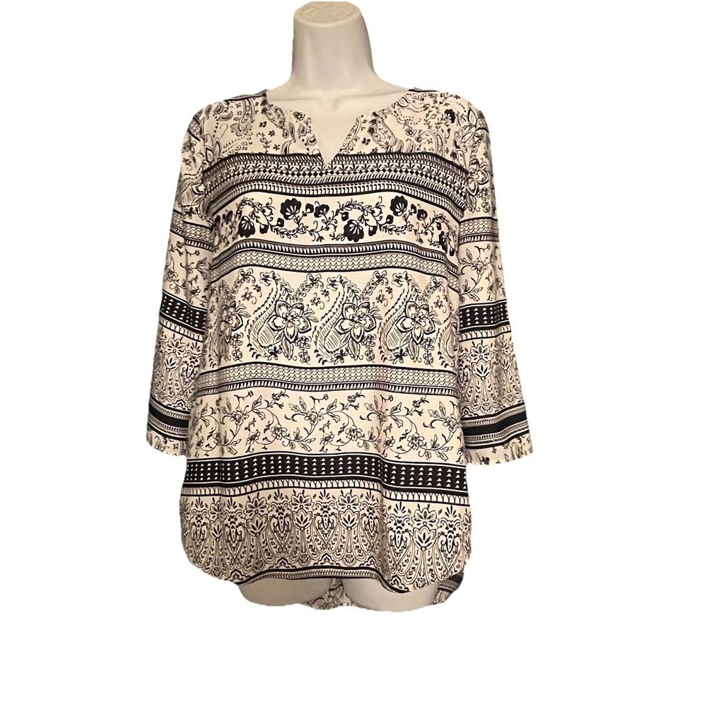 Chicos Tunic Top Paisley Roll Tab Sleeve Womens Sz 0 US 4 Office Work Pullover